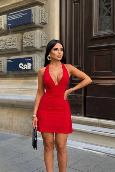 Red Mini Halter Neck Backless Sandy Fabric Evening Dress