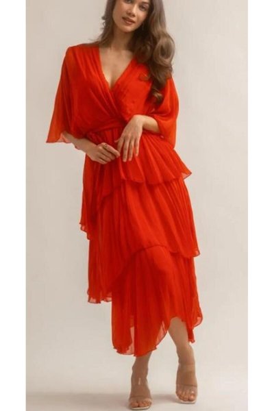 Red Long Italian Wrap Silk Dress with Tie-Waist