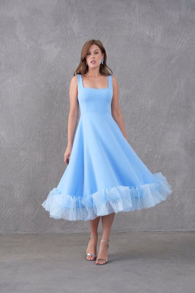 Blue Midi Strappy Square Neck Tulle Detailed Evening Dress