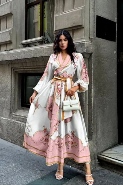 Pembe Kruvaze Yaka Desenli Elbise