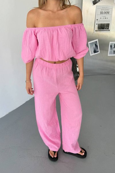 Pembe Müslin Kumaş Madonna Yaka Alt Üst İkili Takım