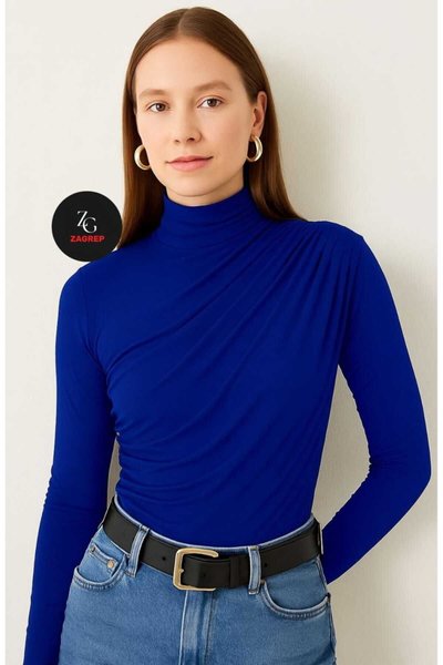 Saks Mavi Büzgülü Uzun Kollu İpek Jarse Bluz
