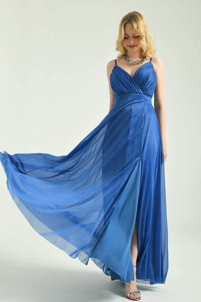 Saks Uzun Mavisi Askılı Abiye Elbise