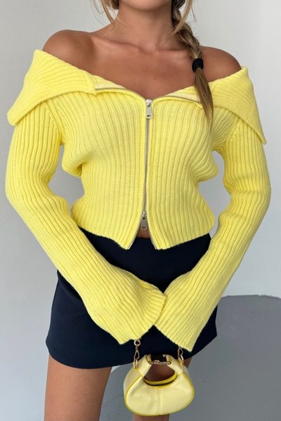 Yellow Two-Way Zippered Madonna Collar Knit Cardigan