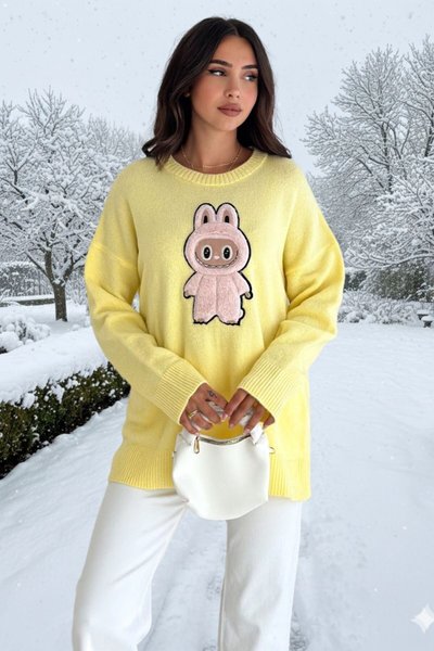 Yellow Labubu Applique Embroidered Oversize Knit Sweater in Grey, White, Burgundy, Blue, Navy, Pink