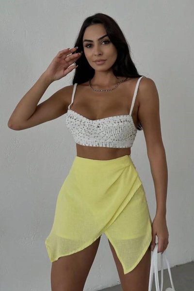 Yellow Mini Linen Draped Detail High-Waisted Slim Zippered Chic Trendy Summer Skort
