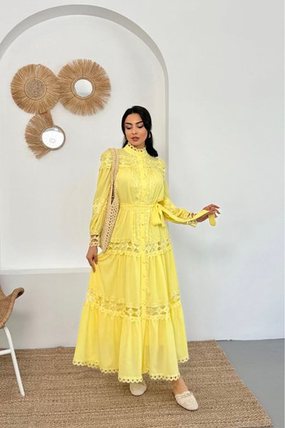 Yellow Long Design Dress with Lace Details