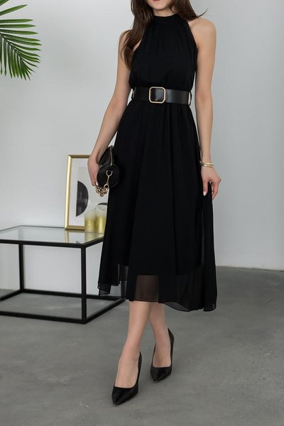Black Midi Sleeveless Belted Chiffon Dress