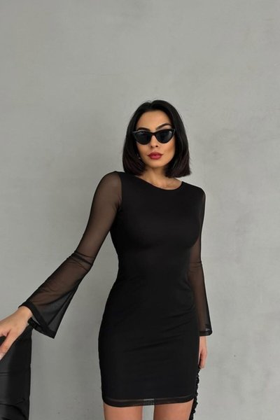 Black Mini Low-Back Ribbon Detailed Tulle Sleeve Dress