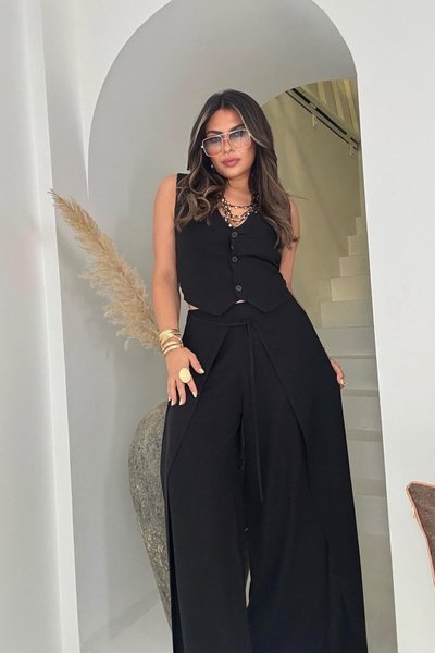 Siyah Pamuk Keten Yelek & Wrap Pantolon İkili Takım