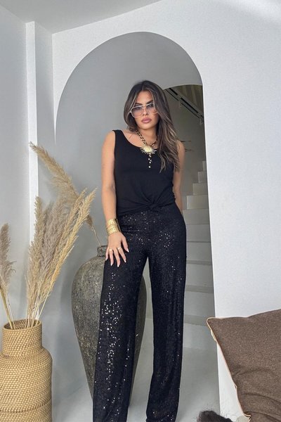 Siyah Payetli Bol Paça Pantolon