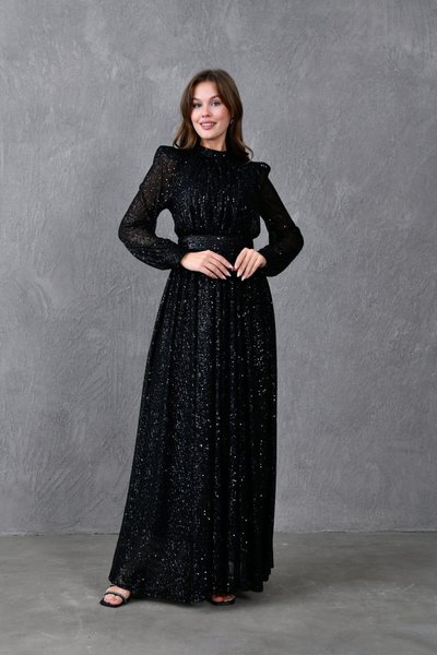 Black Long Sleeve Belted Sequined Modest Evening Dress