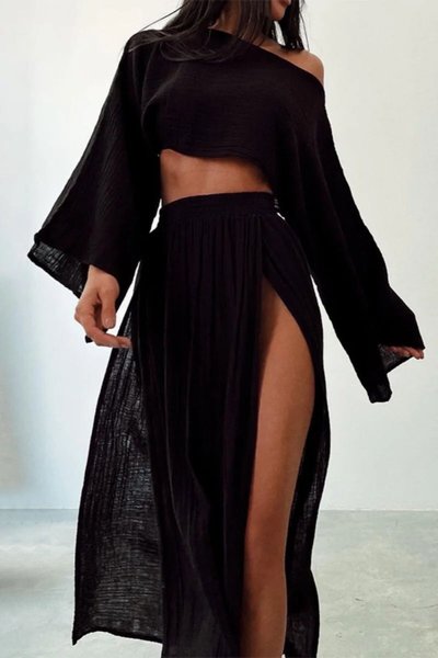 Siyah %100 Pamuk Müslin Yazlık Plaj – Crop Üst Ve Yüksek Yırtmaçlı Etek İkili Set Takım