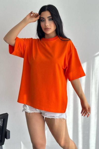 Turuncu Pamuklu Unisex Oversize Basic T-shirt