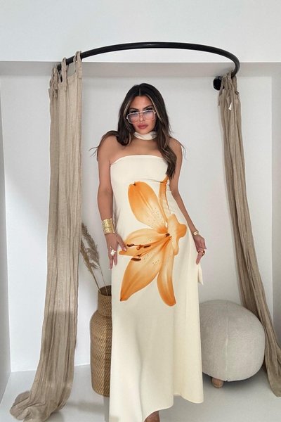 Turuncu Uzun Lilyum Straplez Elbise