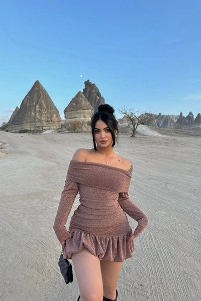 Vizon Mini Straplez Simli Büzgülü Balon Etek Elbise