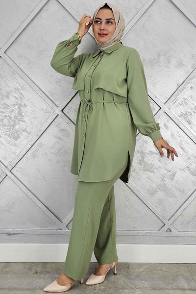 Green Drawstring Waist Two-Piece Modest Set