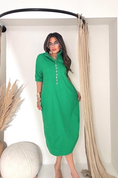 Green Midi Poplin Stand-up Collar V-Neck Dress