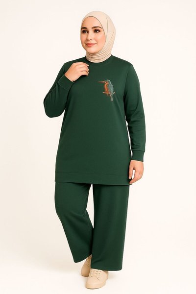 Green Chic Elegant Two-Piece Modest Set with Stone Bird Detail and Round Neck Tunic & Pants