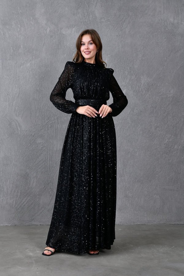 Black Long Sleeve Belted Sequined Modest Evening Dress | BK BOUTQUE