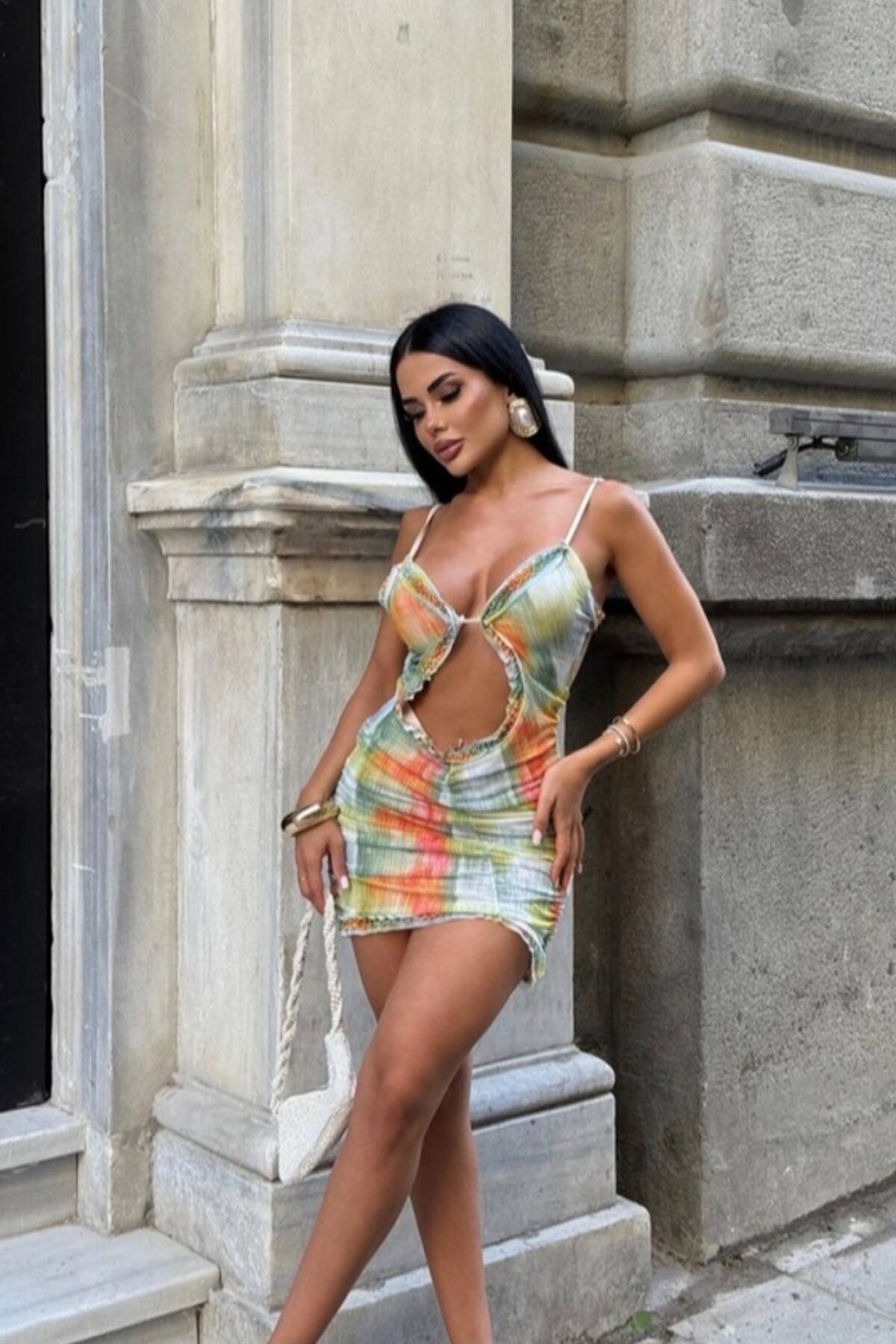 Orange Mini Ruched Bust Strappy Dress - VİSKALİ