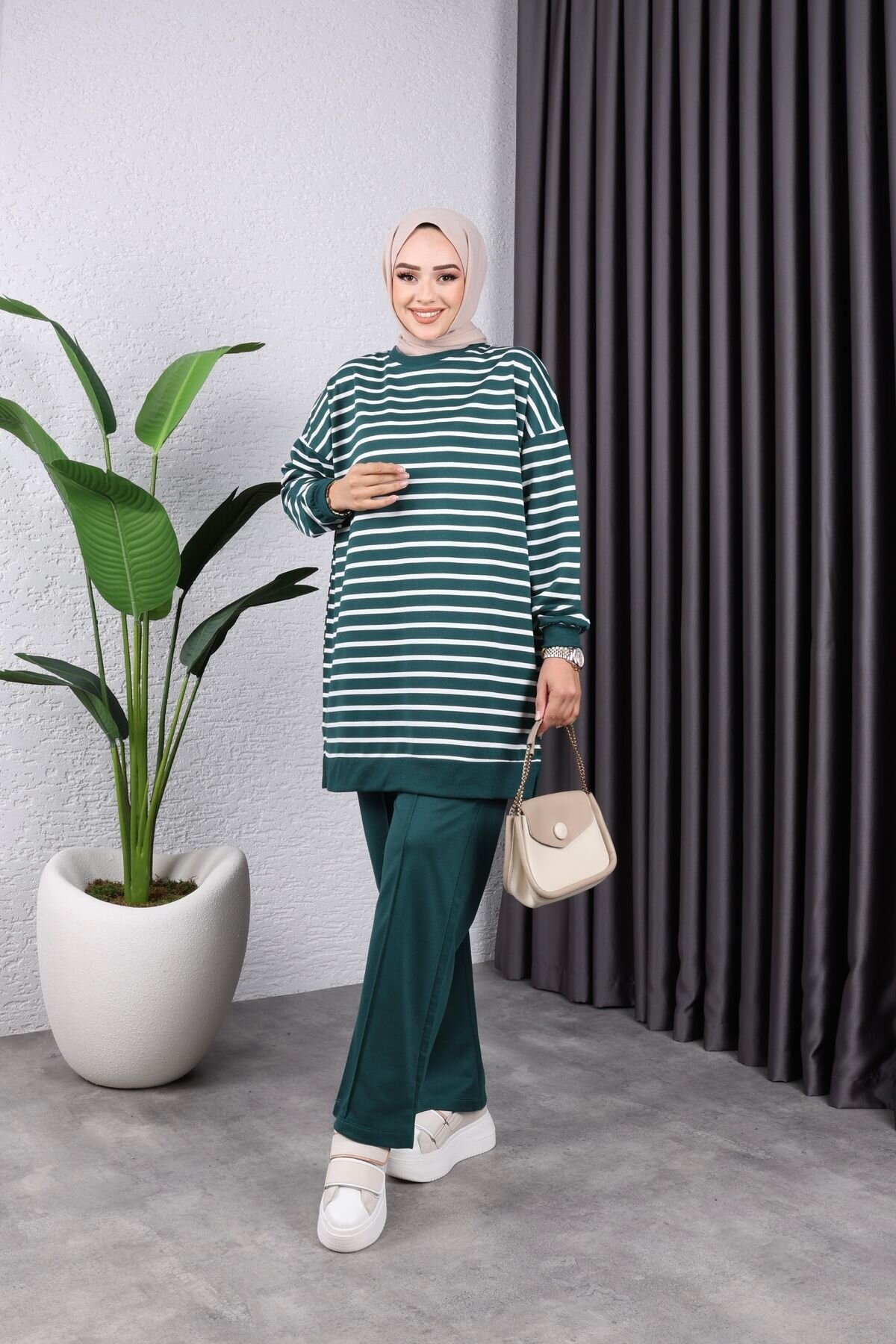Green Round Neck Tunic and Striped Knit Pants Two-Piece Set - SFG Life Moda