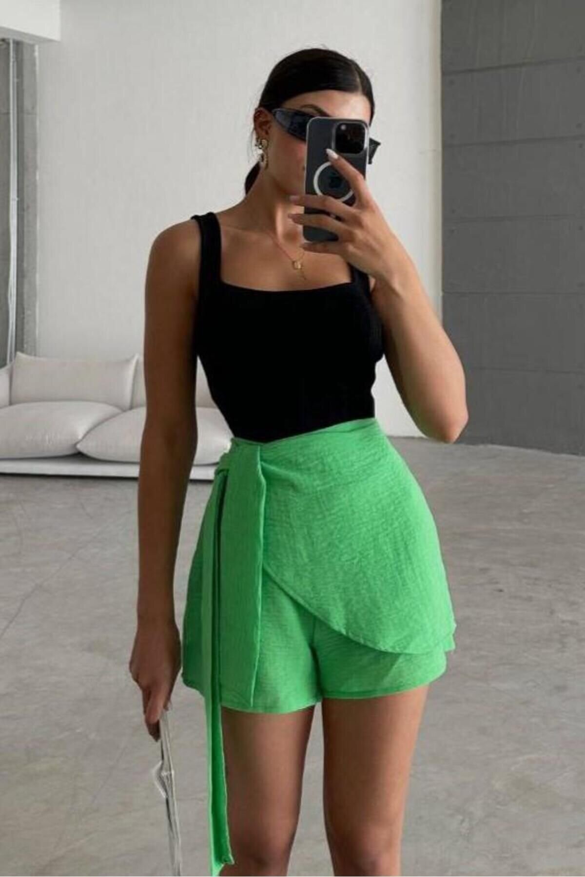 Yeşil Mini Keten Bağlama Detaylı Yüksek Bel Slim Fermuarlı Şık Trend Yazlık Şort Etek - Baby Xclub