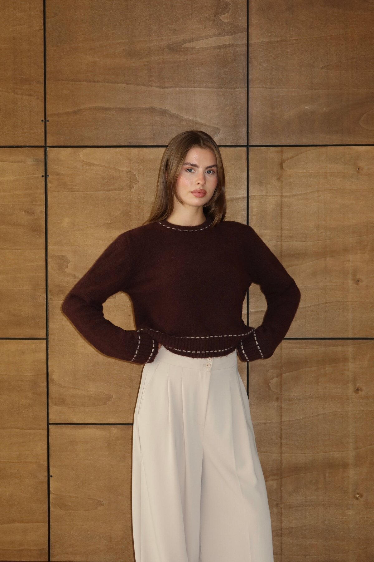 Dark Brown Soft Textured Sweater with Stripe Detail - LOISY