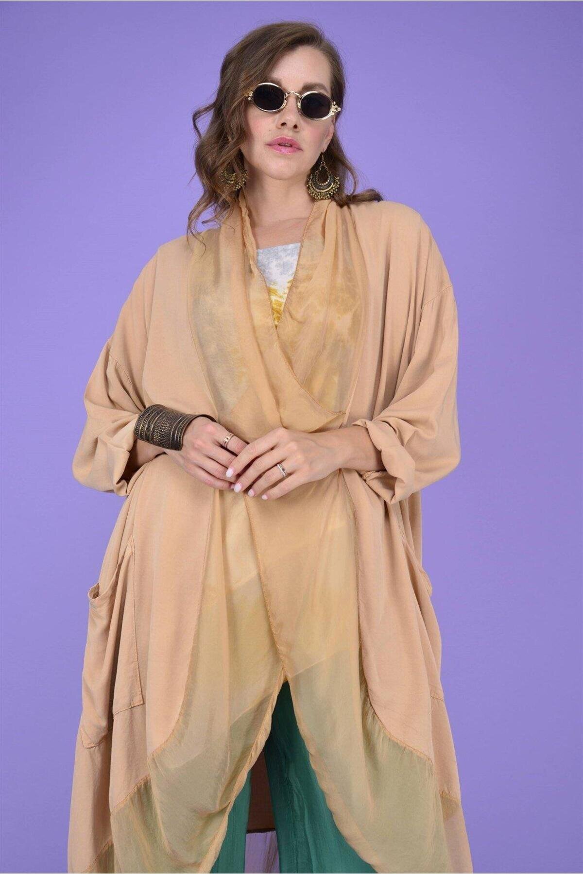 Açık Camel Italyan İpek Detaylı Oversize Kaftan Bluz - EREN STYLE