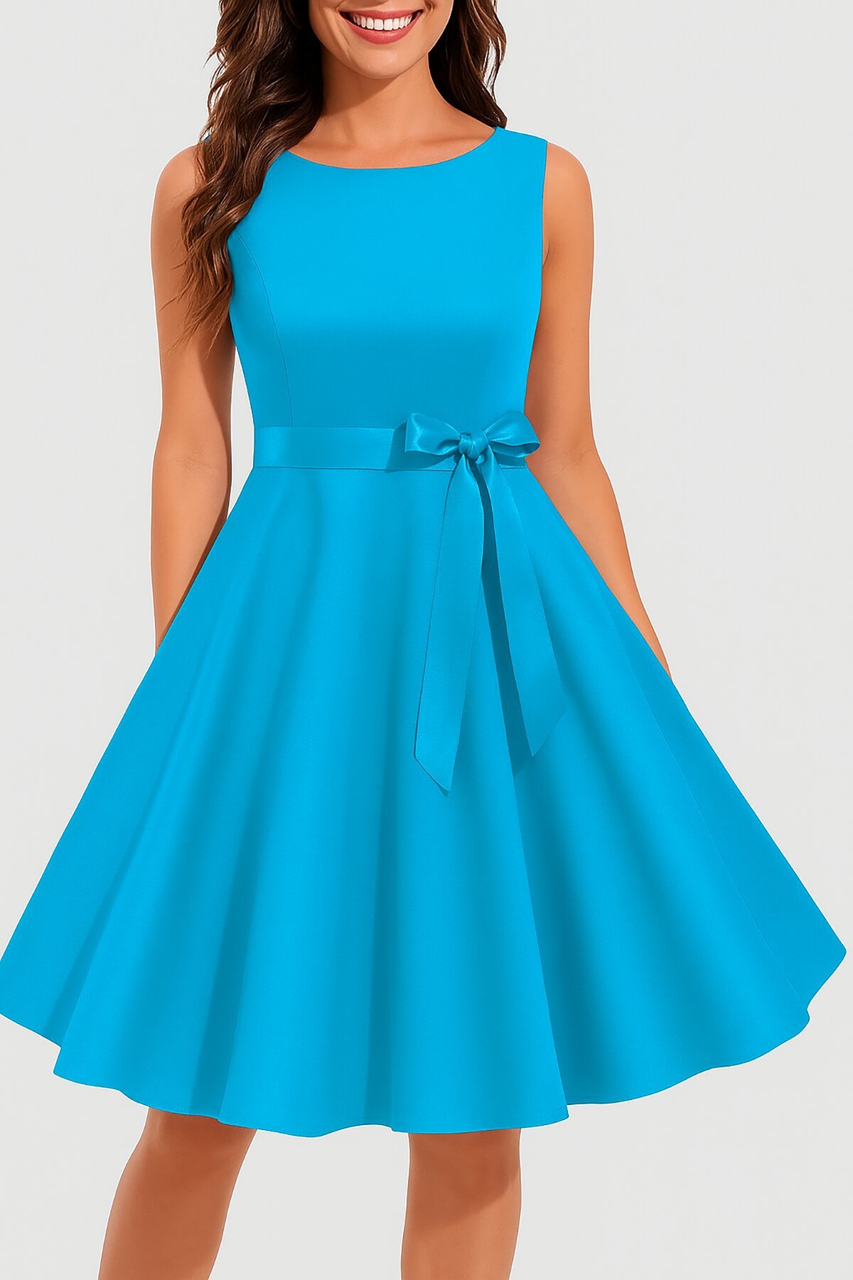 Light Blue Midi Thick-Strapped Round Neck Belted Pleated Crepe Fabric Dress - Deafox