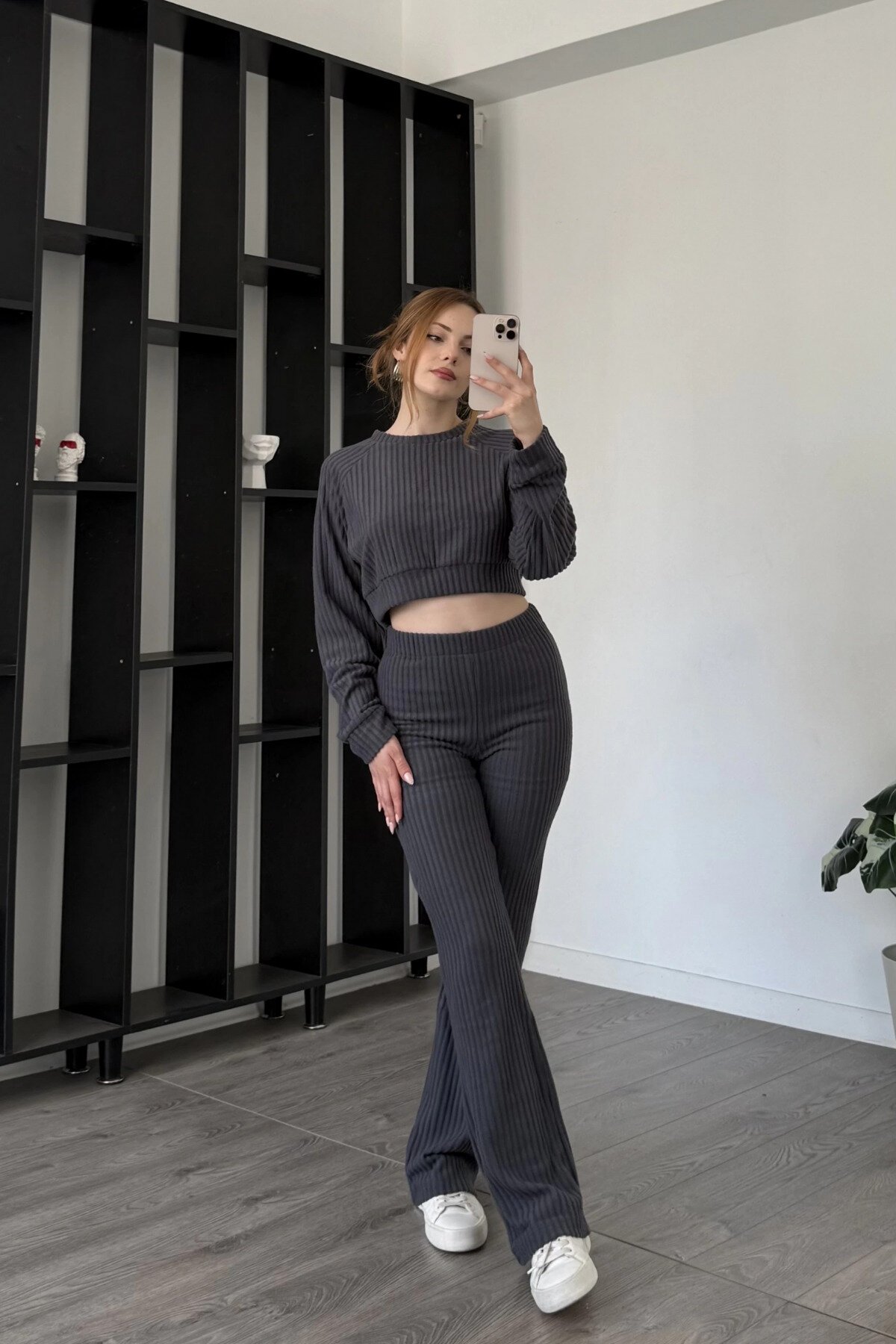 Anthracite Ribbed Crop Top Two-Piece Pants Set - MOZENA