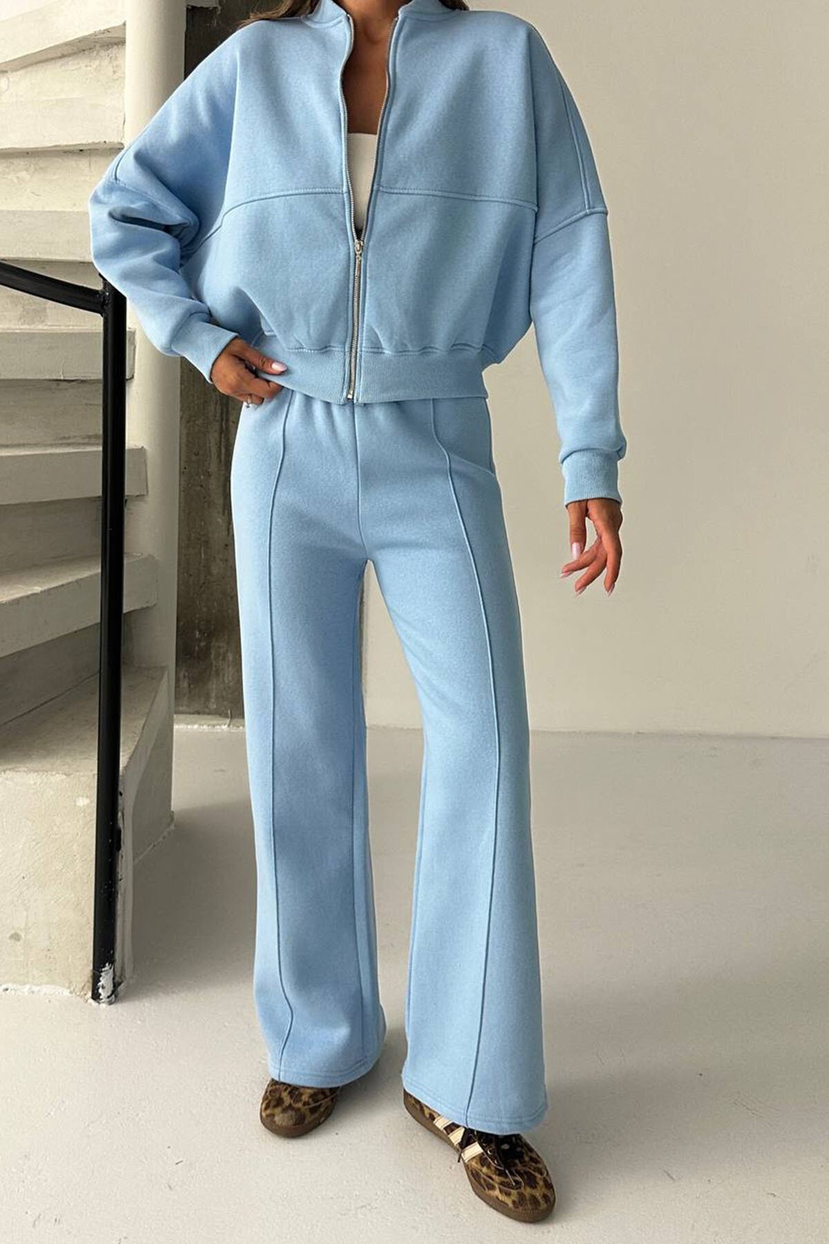 Bebe Mavisi İplik Şardonlu Oversize Eşofman Takım - XXL BUTİK
