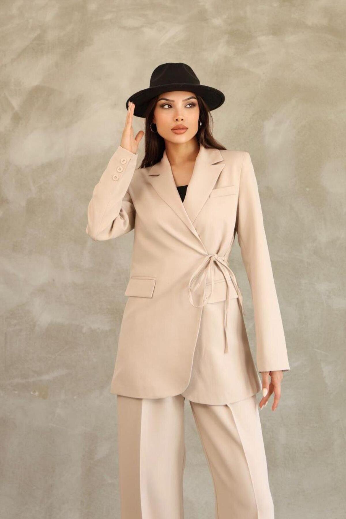 Bej Blazer Yandan Bağlamalı Şık Ve Rahat Ceket - RAWEA FASHİON