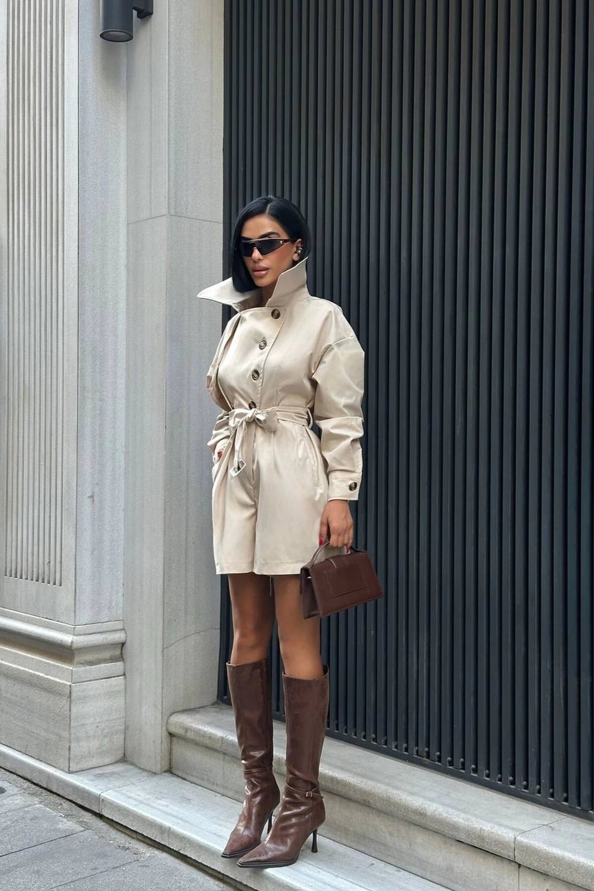Beige Belted Shorts-Style Button Detail Trench Jumpsuit - VİSKALİ