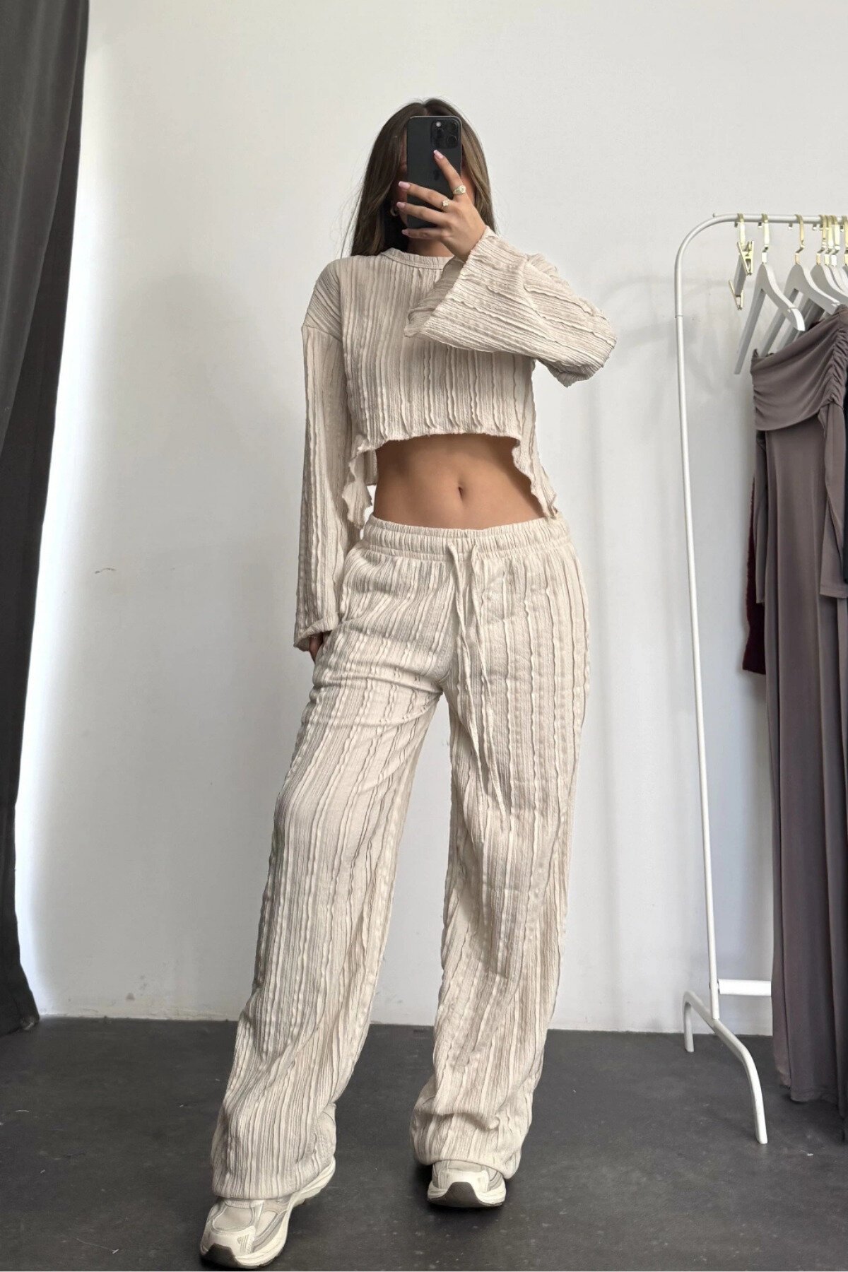 Beige Reverse Stitch Bell Sleeve Crop Top and Pants Two-Piece Set - MOZENA