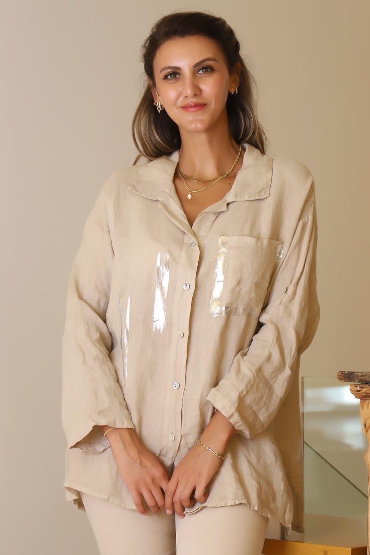 Beige Long Sleeve Pocketed Blouse - Vela