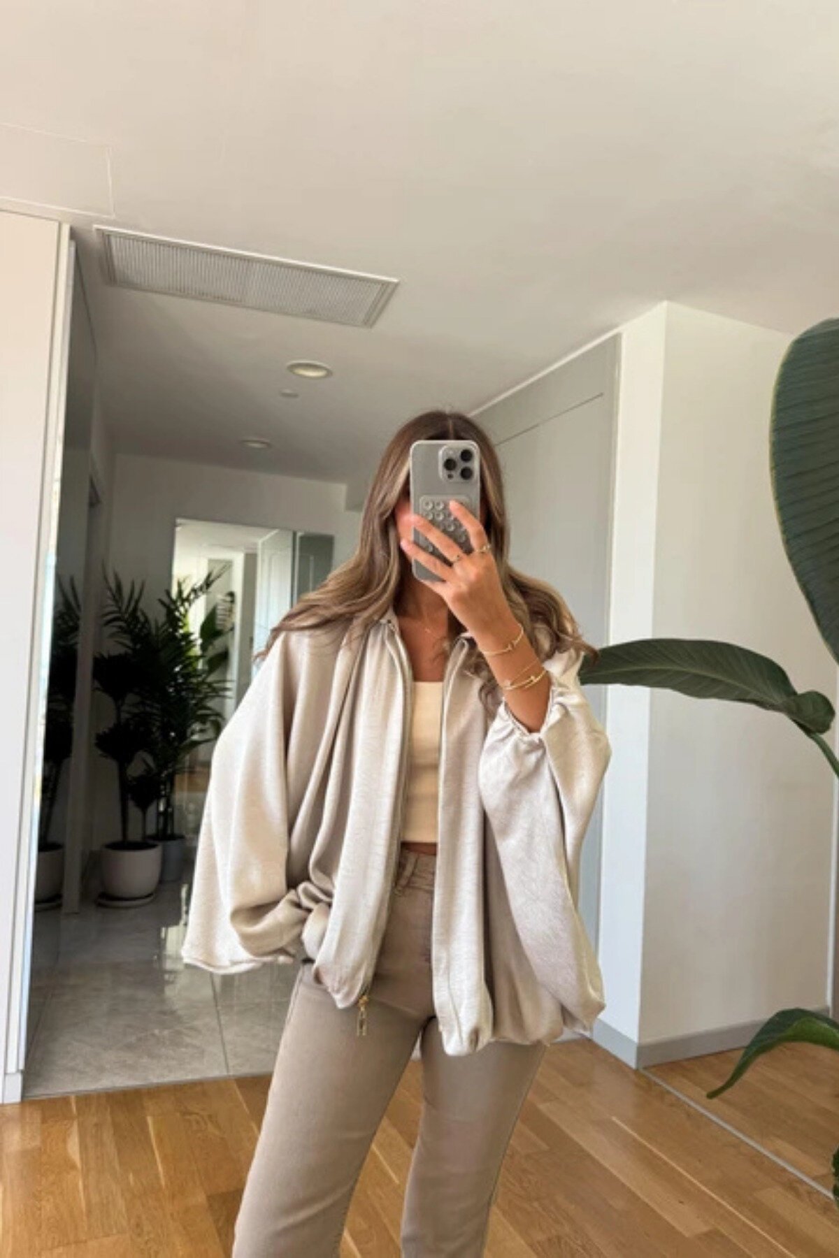 Beige Batwing Sleeve Satin Zip-up Bomber Jacket - MOZENA