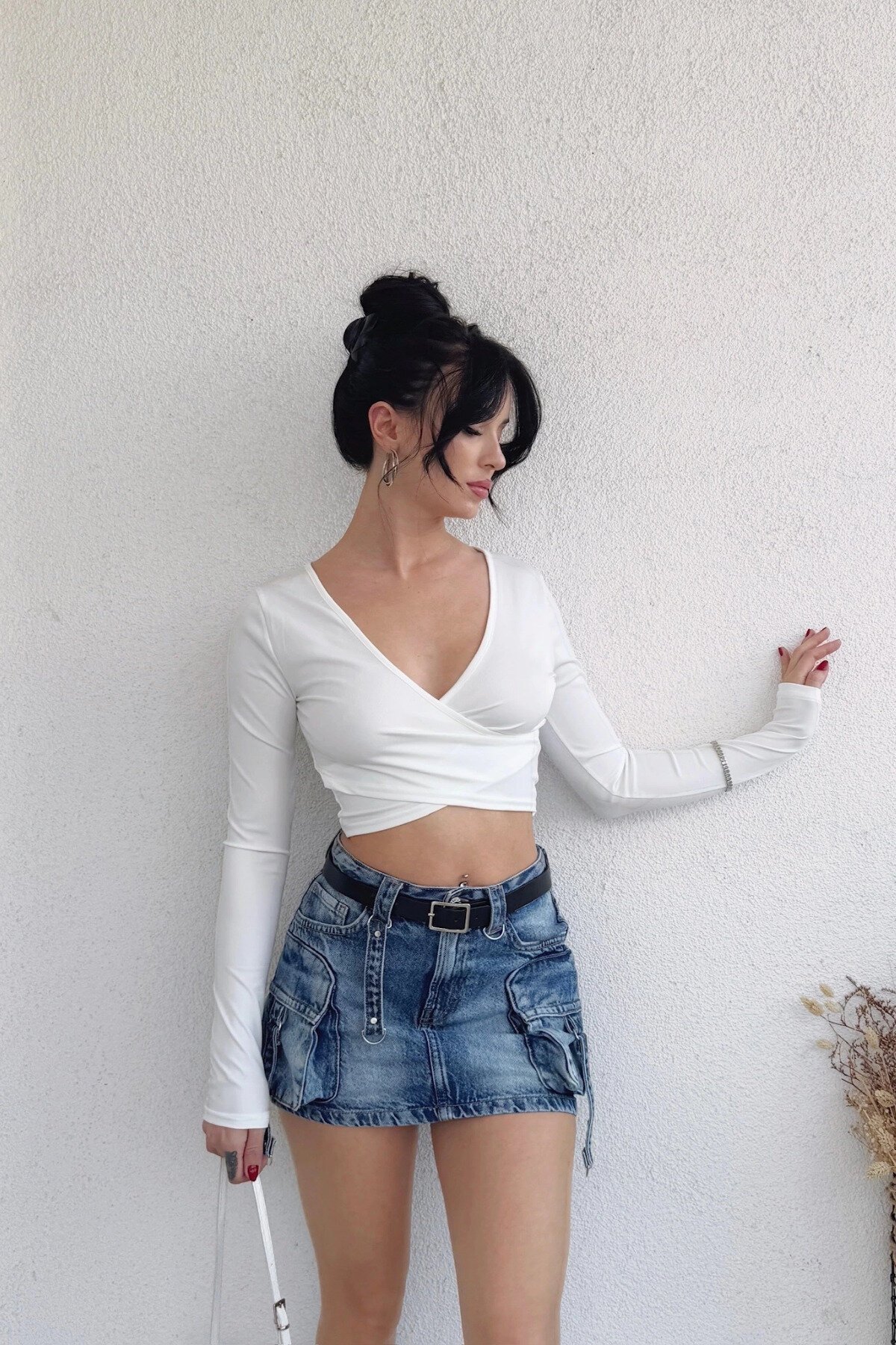 White Crossover Collar Basic Scuba Fabric Crop Blouse - MOZENA