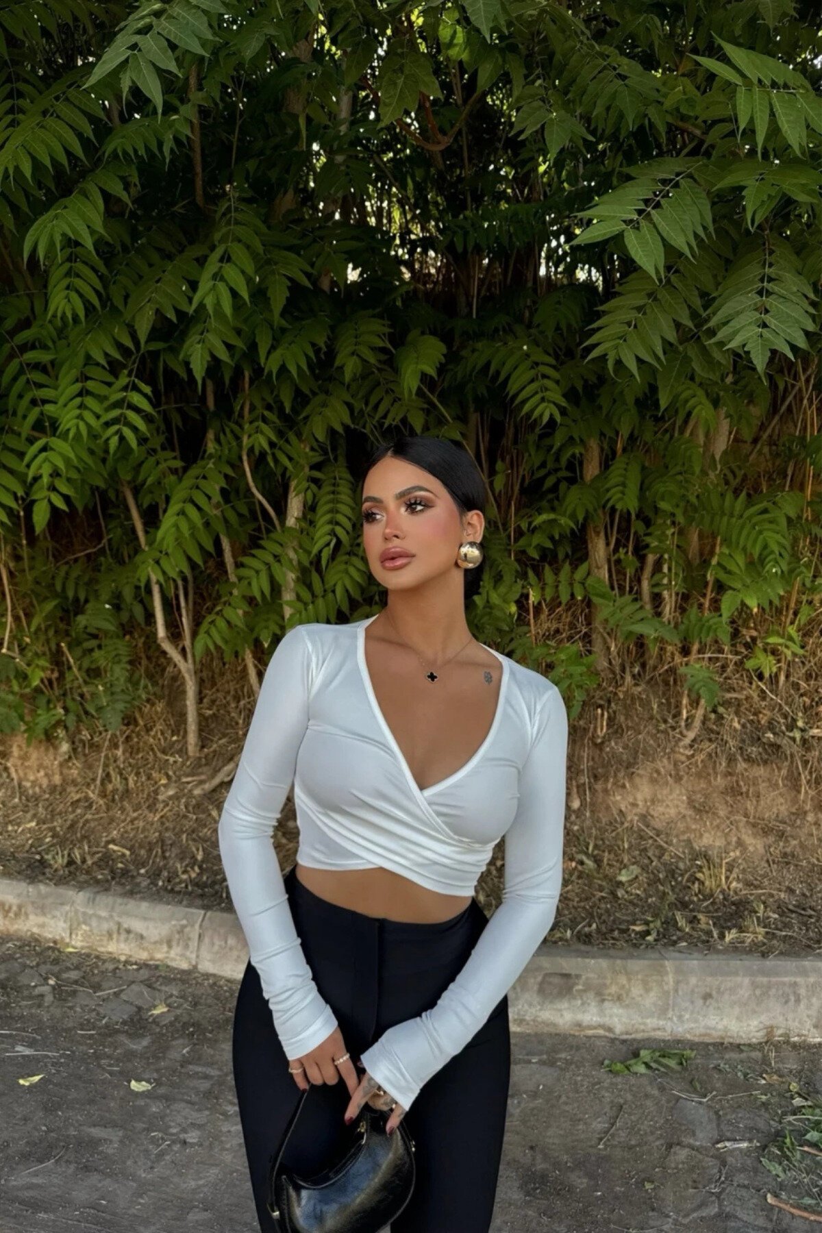 White Crossover Neck Scuba Crop Blouse - MOZENA