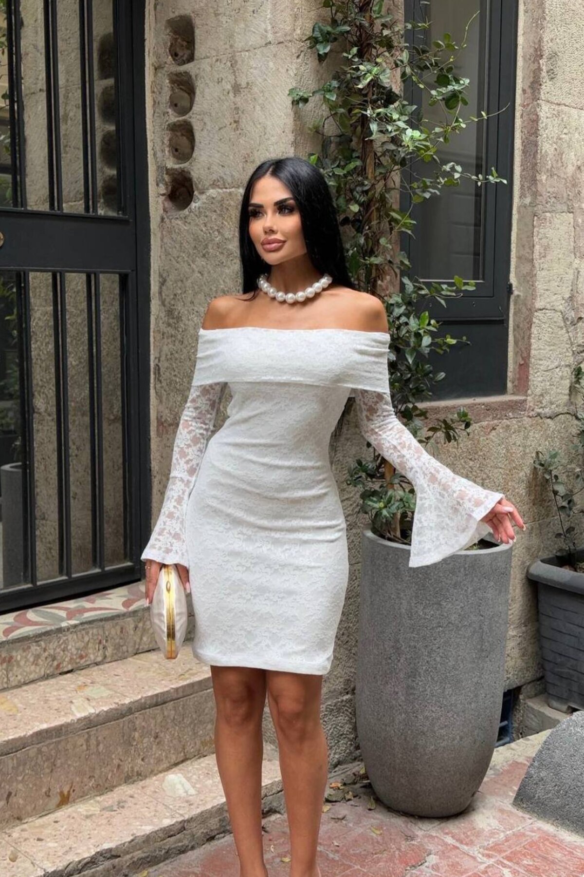 Beyaz Mini Madonna Yaka Abiye Elbise - limited black