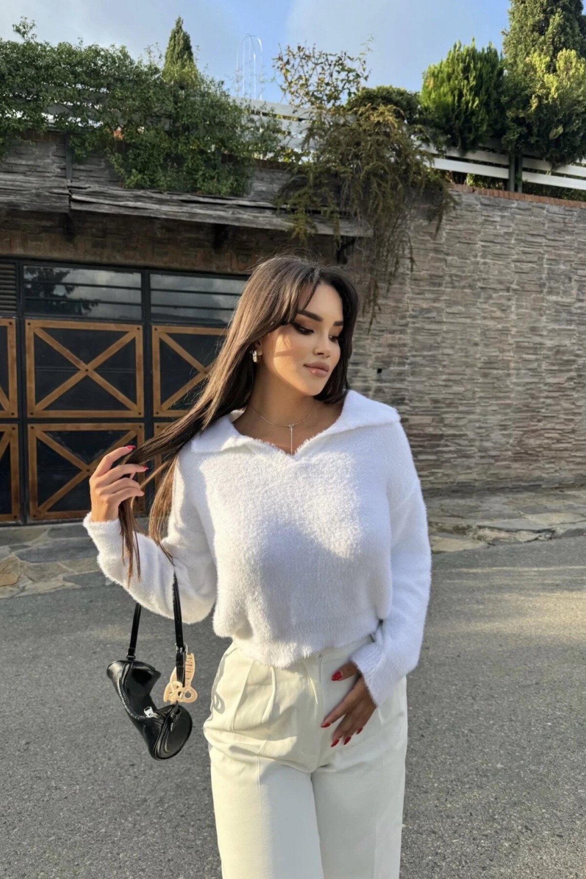 White Polo Collar Fluffy Sweater - MOZENA