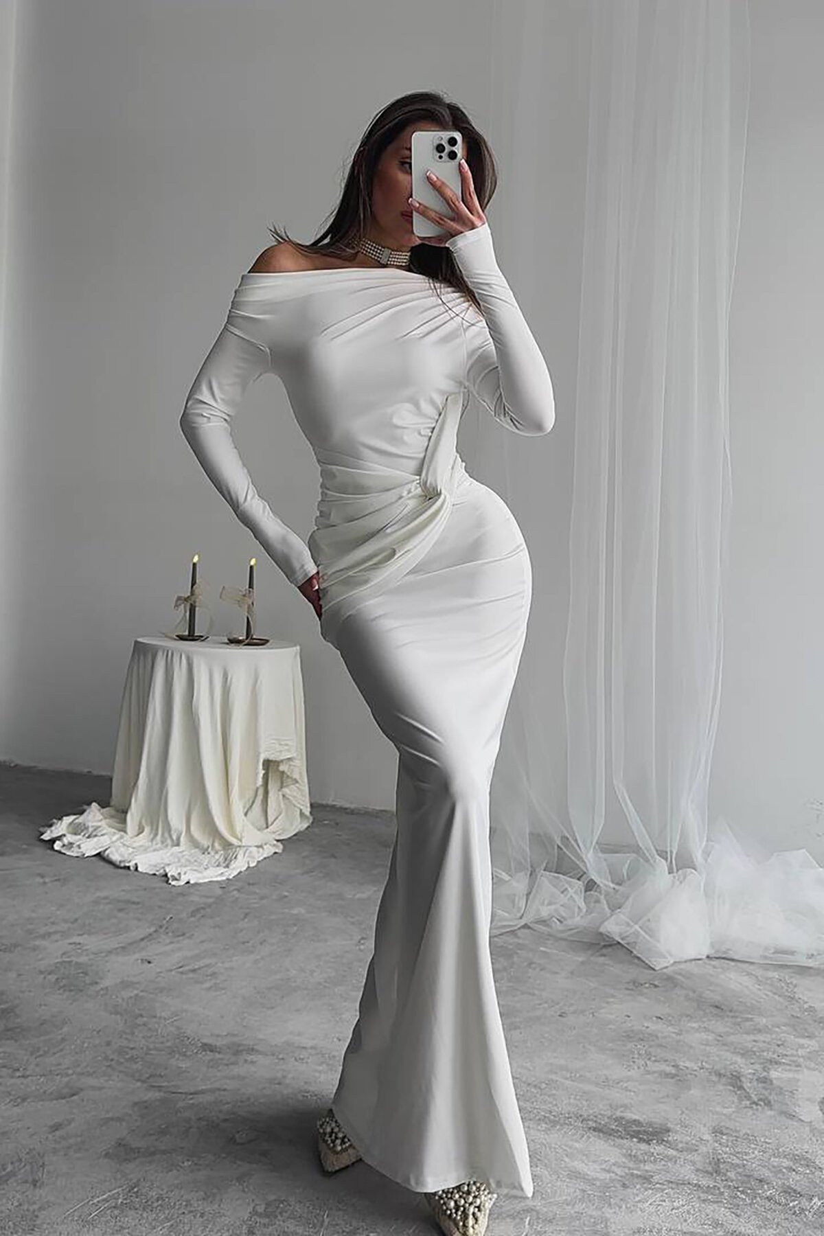 White Long Lycra Dress - XXL BUTİK
