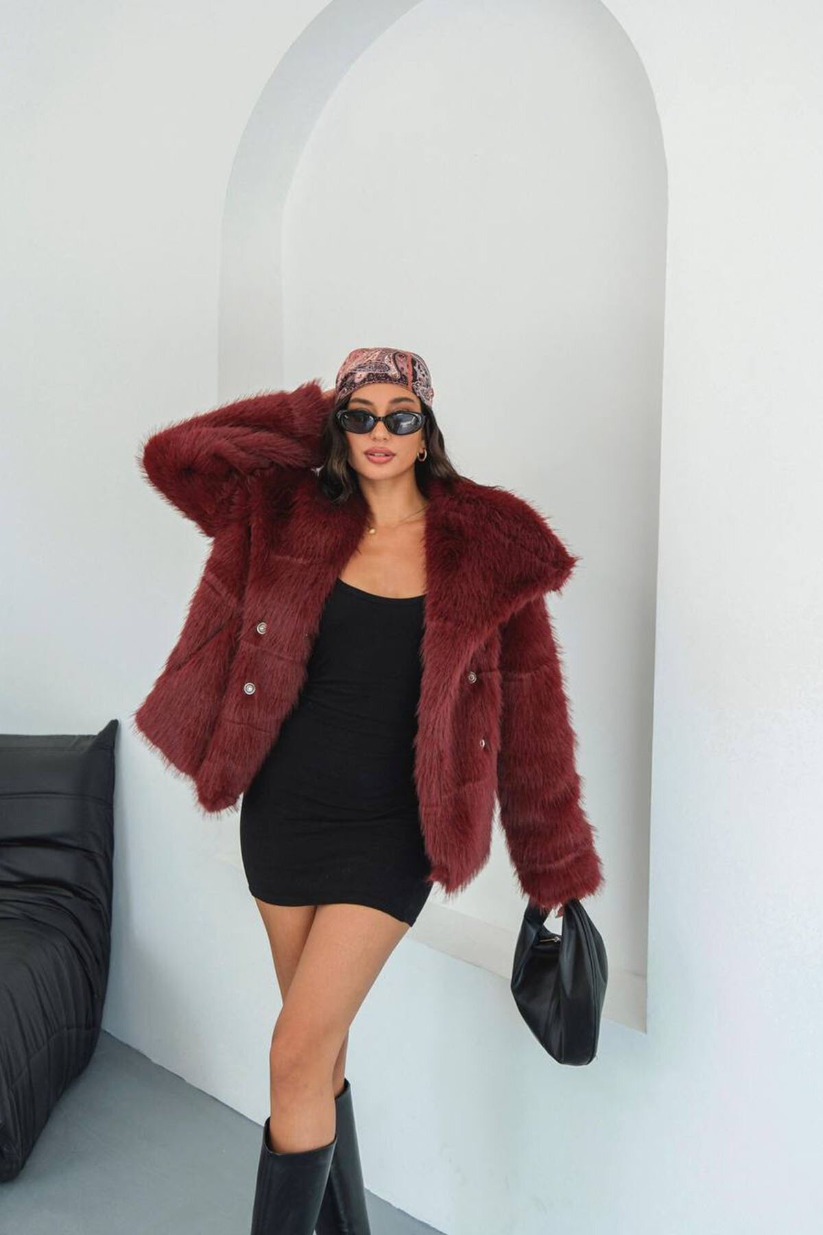 Bordo Astarlı Kürk Kaban - XXL BUTİK