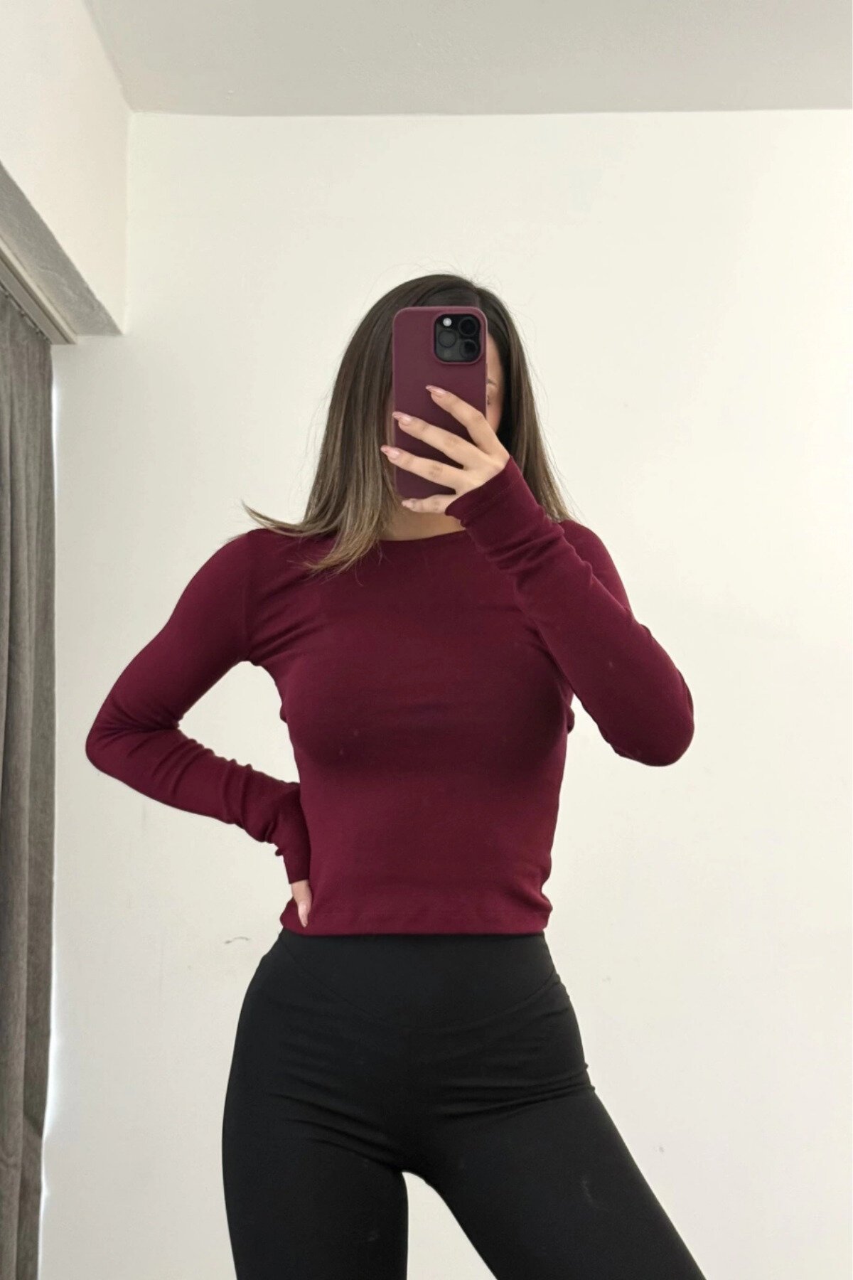 Bordo Basic Bisiklet Yaka Parmak Geçmeli Bluz - MOZENA
