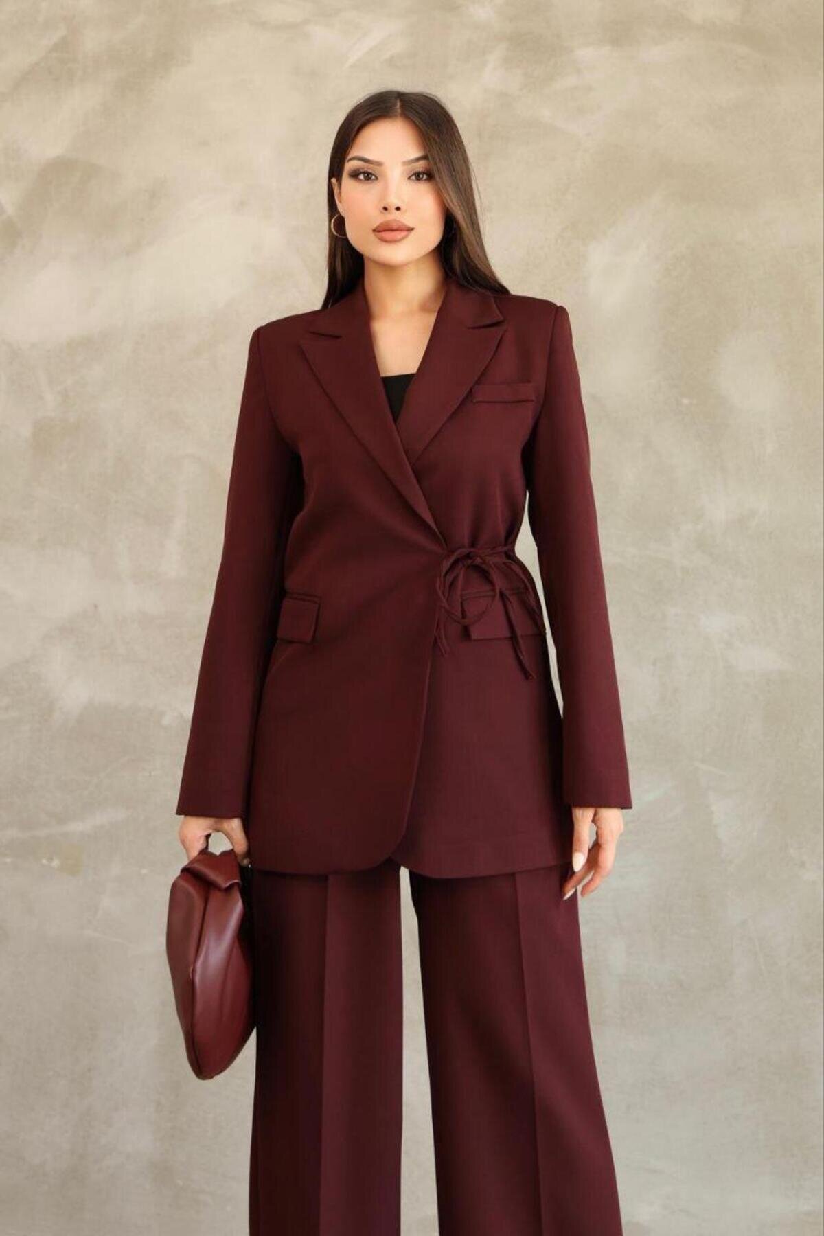 Bordo Blazer Yandan Bağlamalı Şık Ve Rahat Ceket - RAWEA FASHİON
