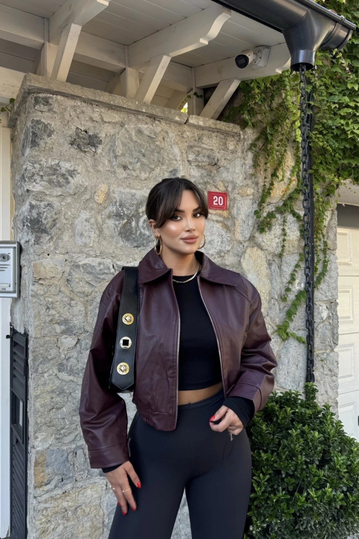 Burgundy Bomber Leather Jacket - MOZENA