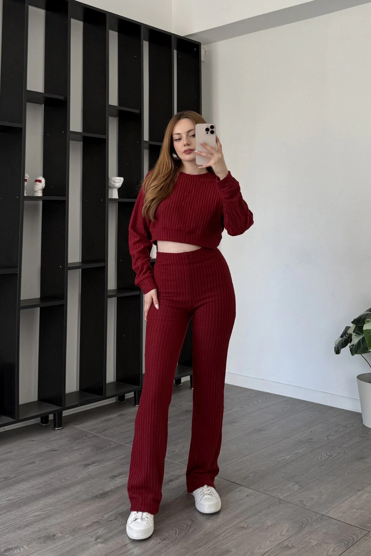 Burgundy Ribbed Crop Blouse Two-Piece Pants Set - MOZENA