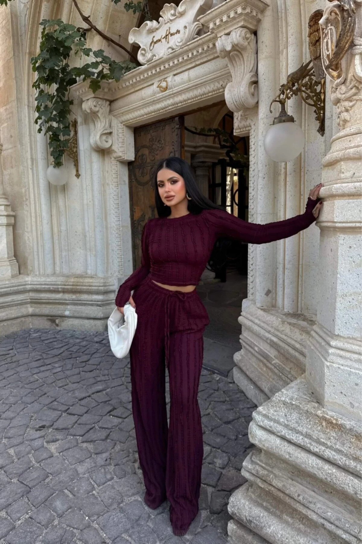 Burgundy Ribbed Reverse Stitch Two-Piece Set - MOZENA