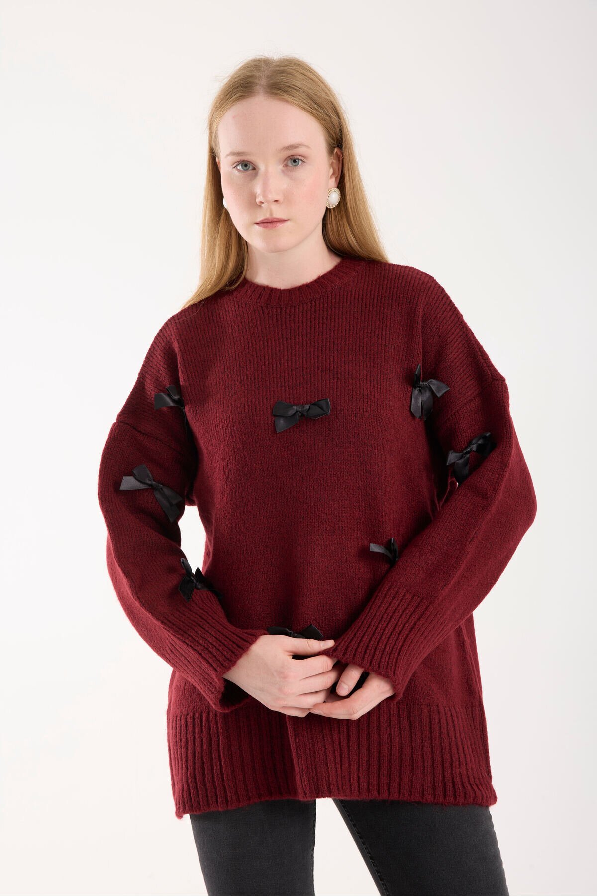 Bordo Fiyonk Kurdela Detay Oversize Uzun Kazak - İLKCET MODA