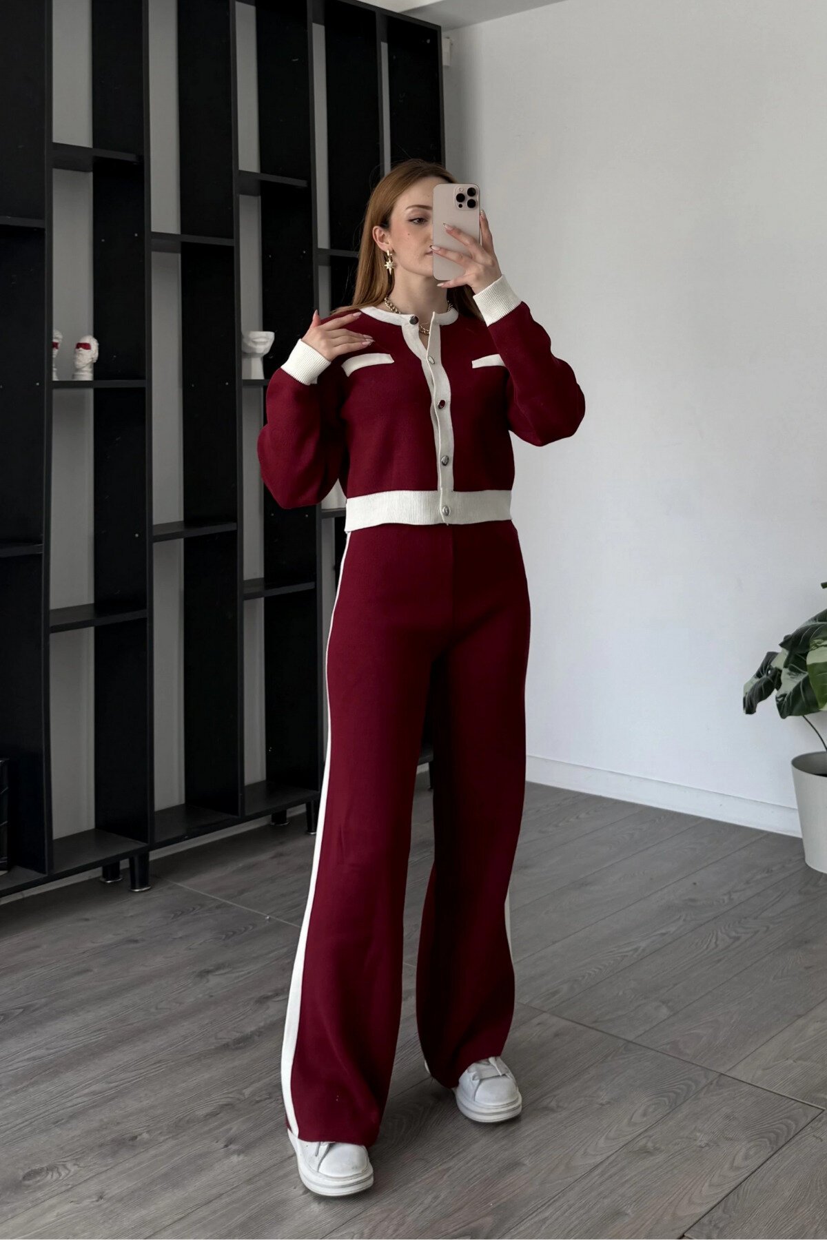 Burgundy Detailed Knitted Buttoned Two-Piece Set - MOZENA
